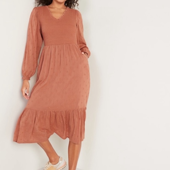 Old Navy Long Sleeve Fit Flare Smocked Midi Dress Brown Rustic Western Farmhouse - Picture 7 of 11